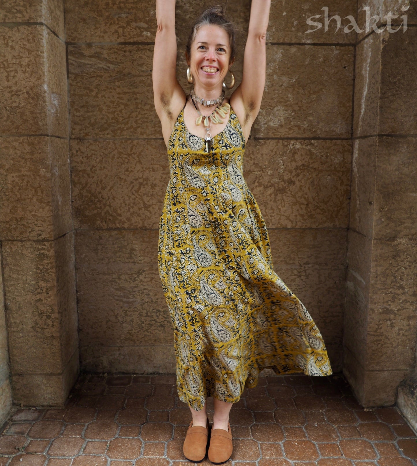 Block Print Spaghetti-Strap Dress, Yellow - Shakti