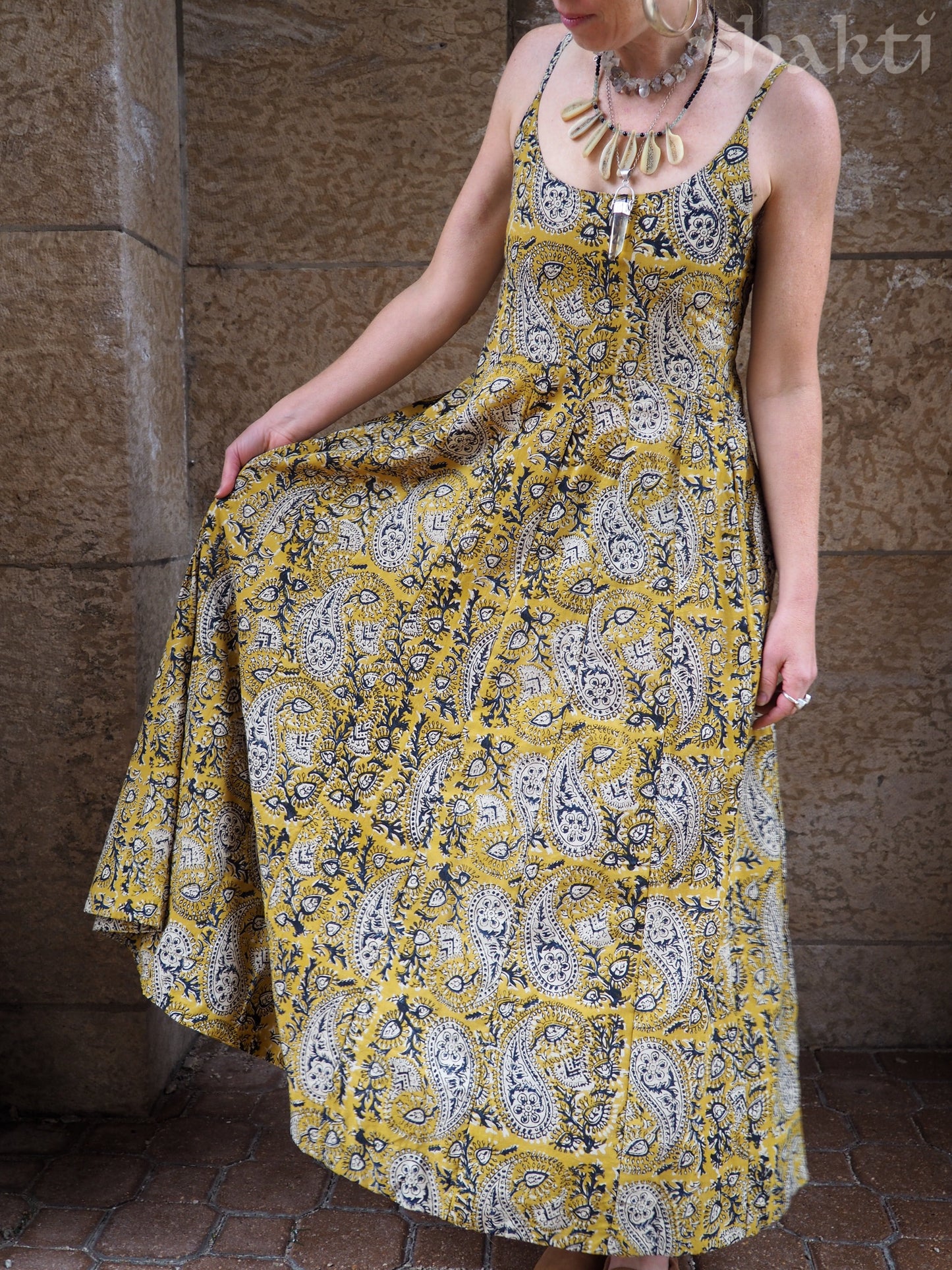 Block Print Spaghetti-Strap Dress, Yellow - Shakti