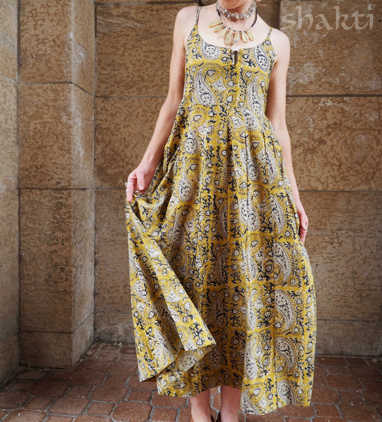 Block Print Spaghetti-Strap Dress, Yellow - Shakti