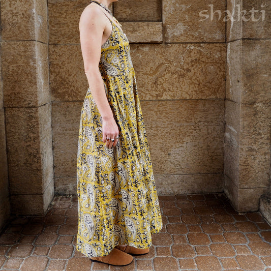 Block Print Spaghetti-Strap Dress, Yellow - Shakti