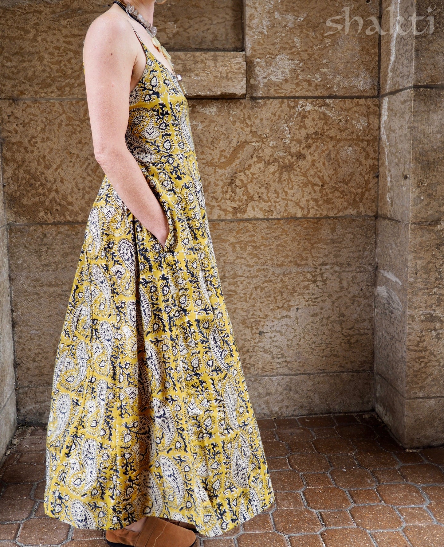 Block Print Spaghetti-Strap Dress, Yellow - Shakti