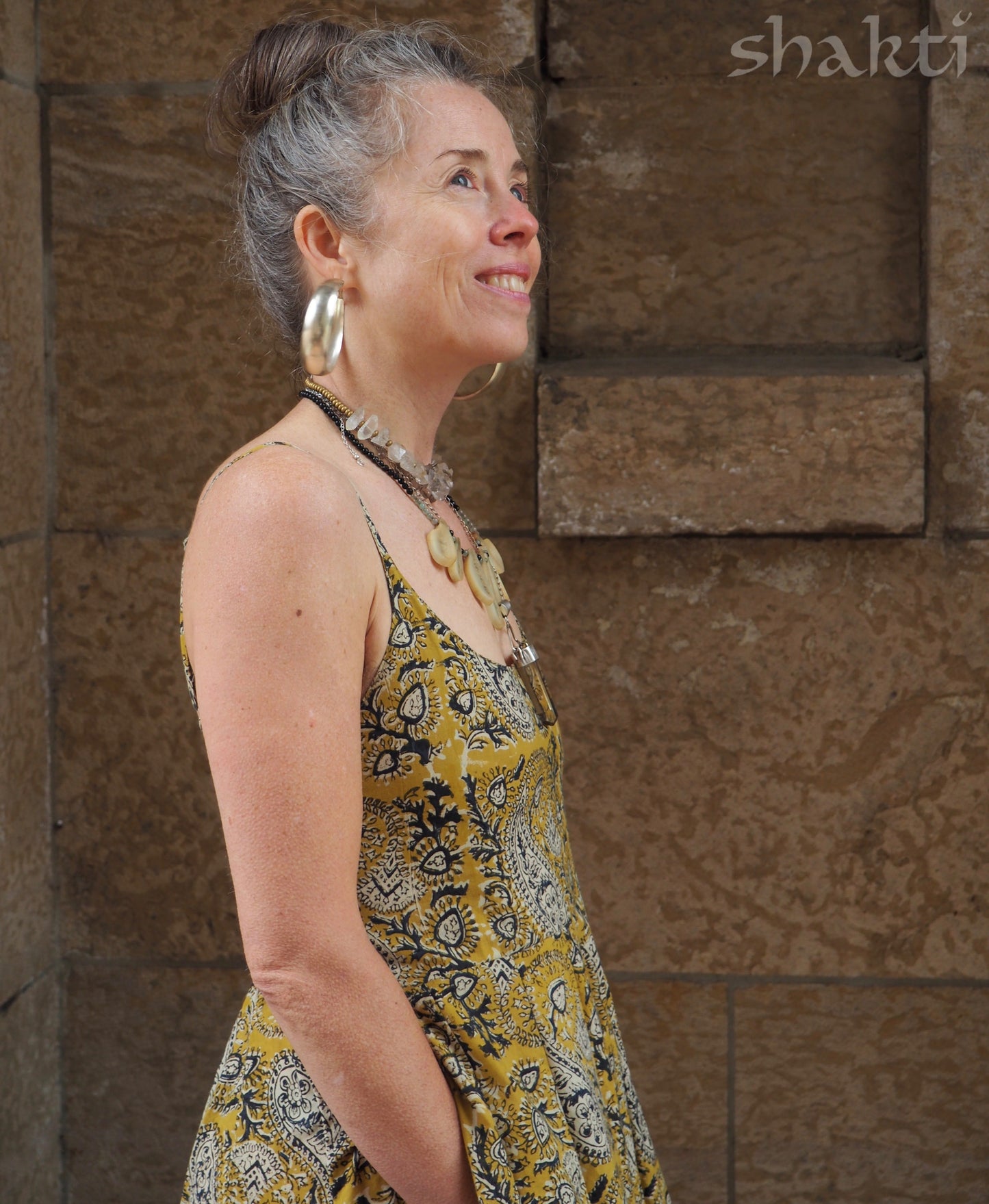 Block Print Spaghetti-Strap Dress, Yellow - Shakti