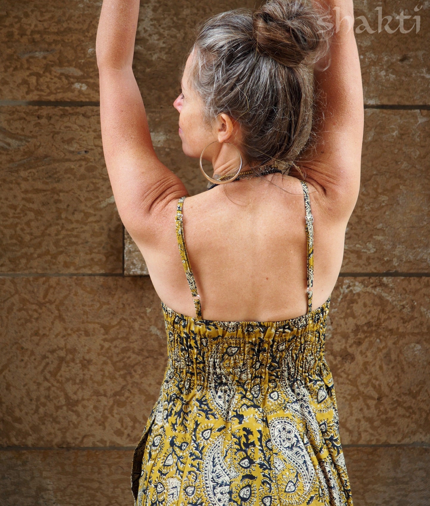 Block Print Spaghetti-Strap Dress, Yellow - Shakti