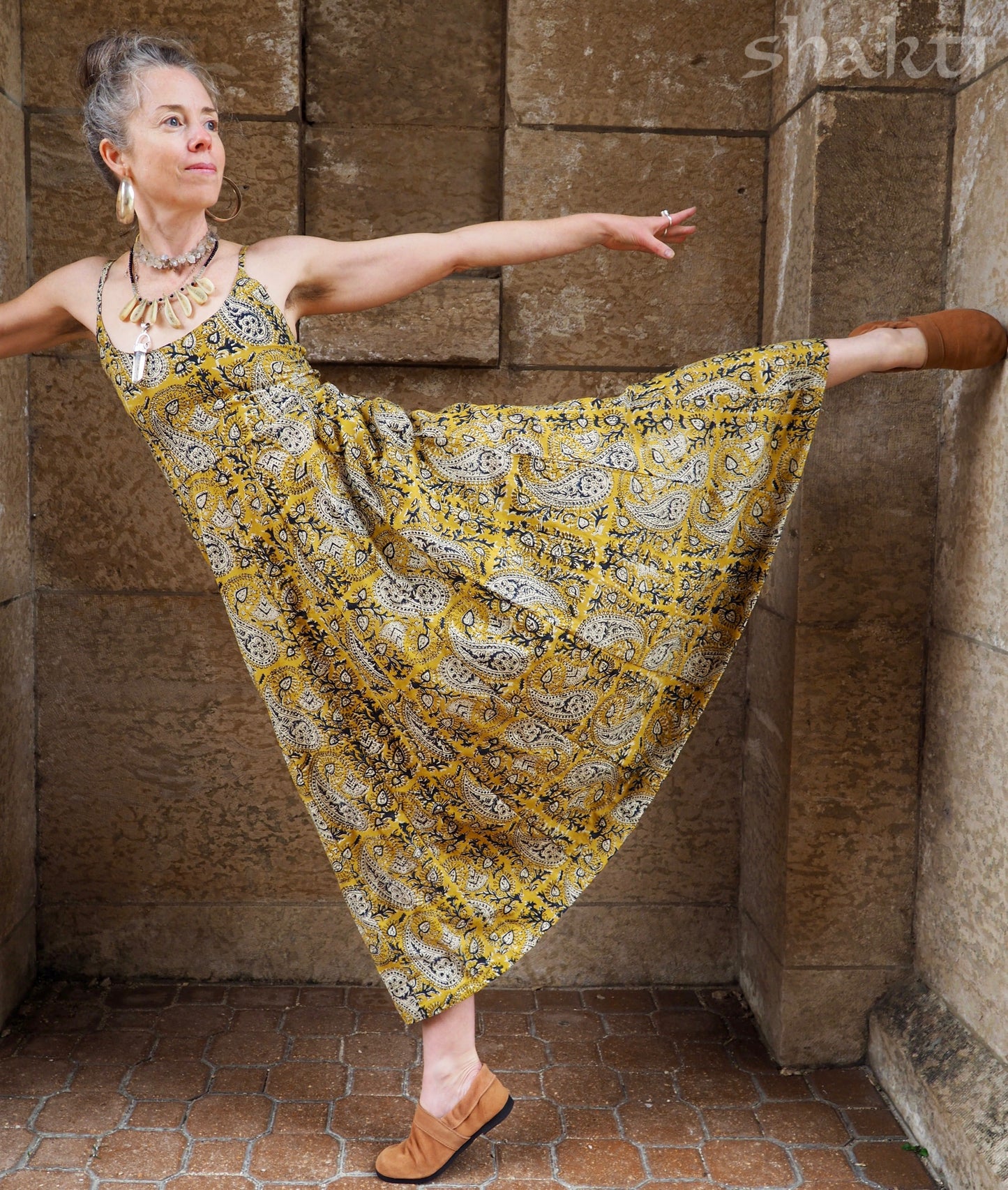 Block Print Spaghetti-Strap Dress, Yellow - Shakti