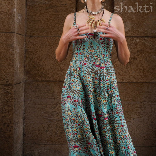 Block Print Spaghetti-Strap Dress Sky - Shakti