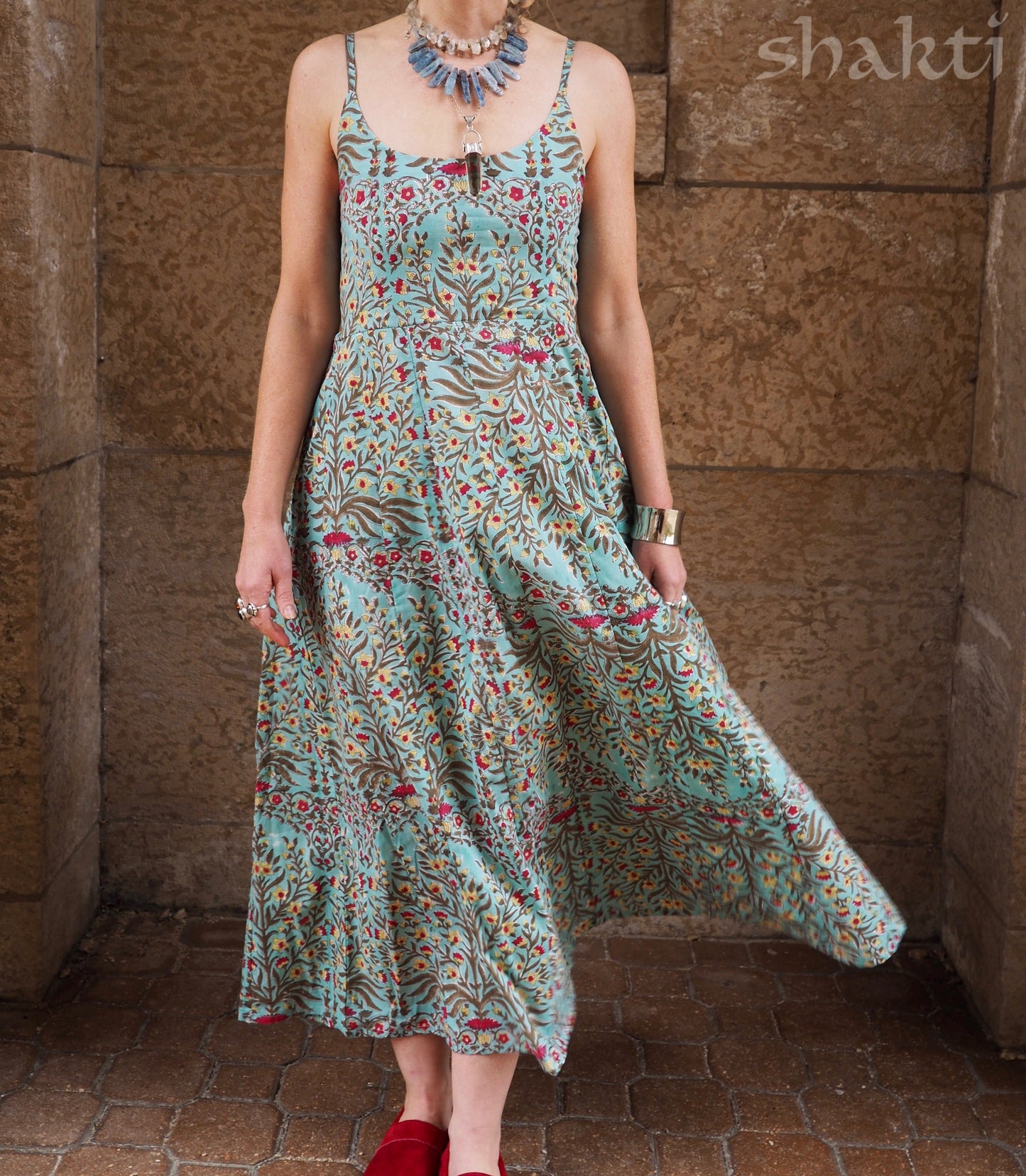 Block Print Spaghetti-Strap Dress Sky - Shakti