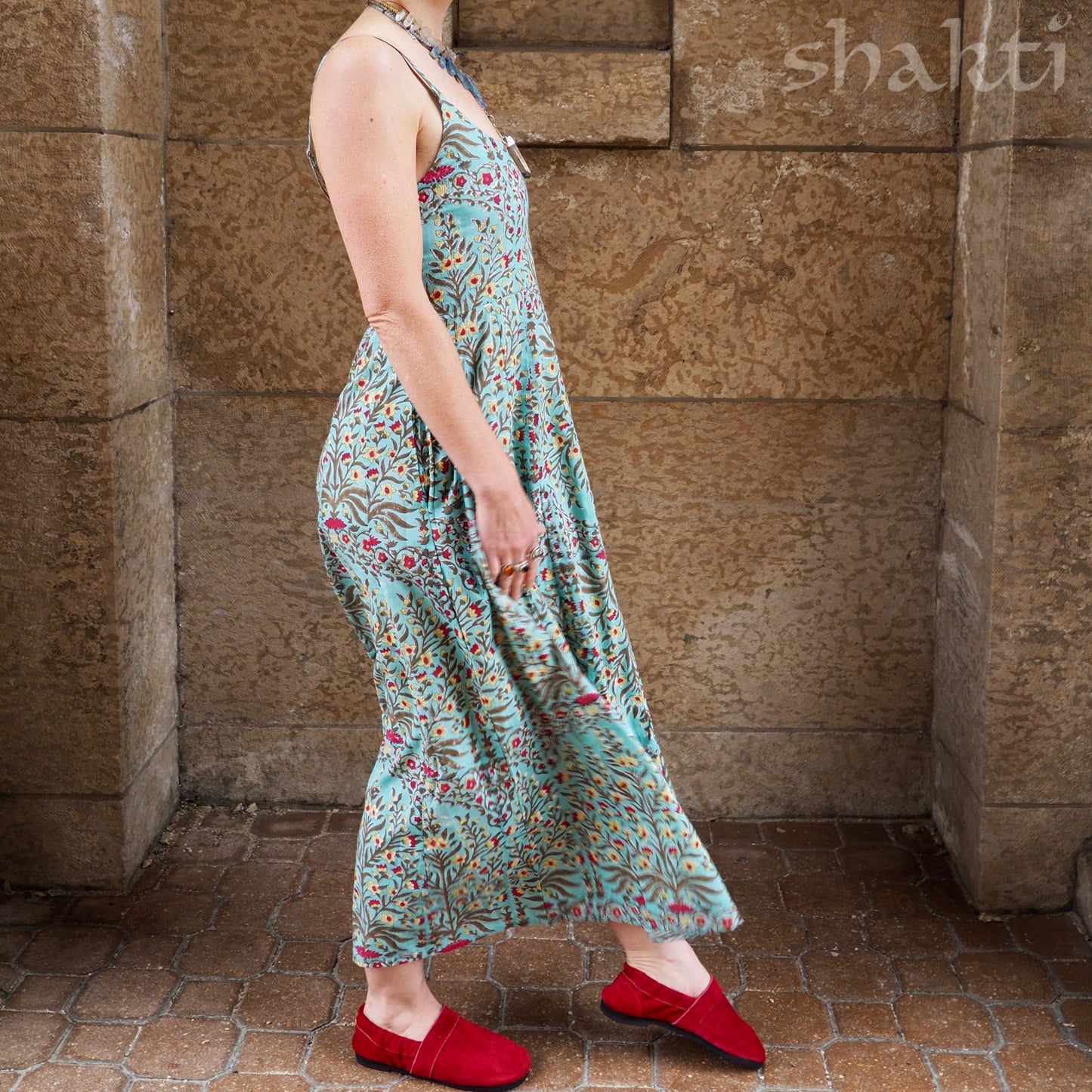 Block Print Spaghetti-Strap Dress Sky - Shakti