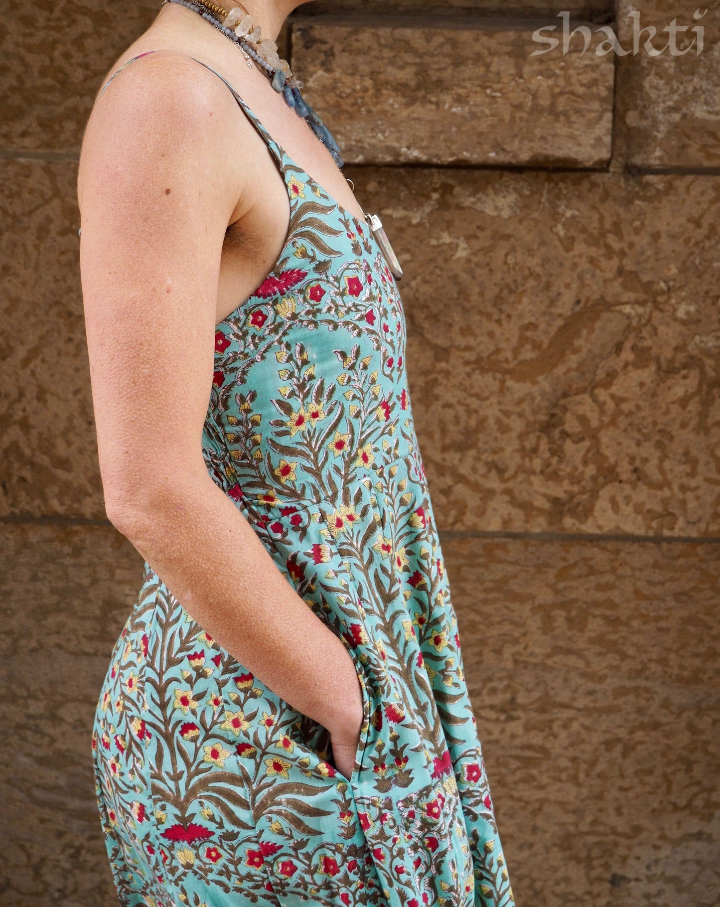 Block Print Spaghetti-Strap Dress Sky - Shakti
