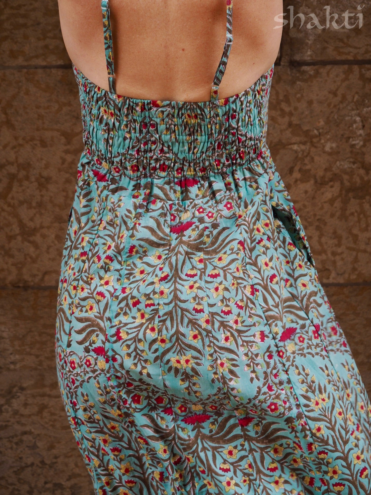 Block Print Spaghetti-Strap Dress Sky - Shakti