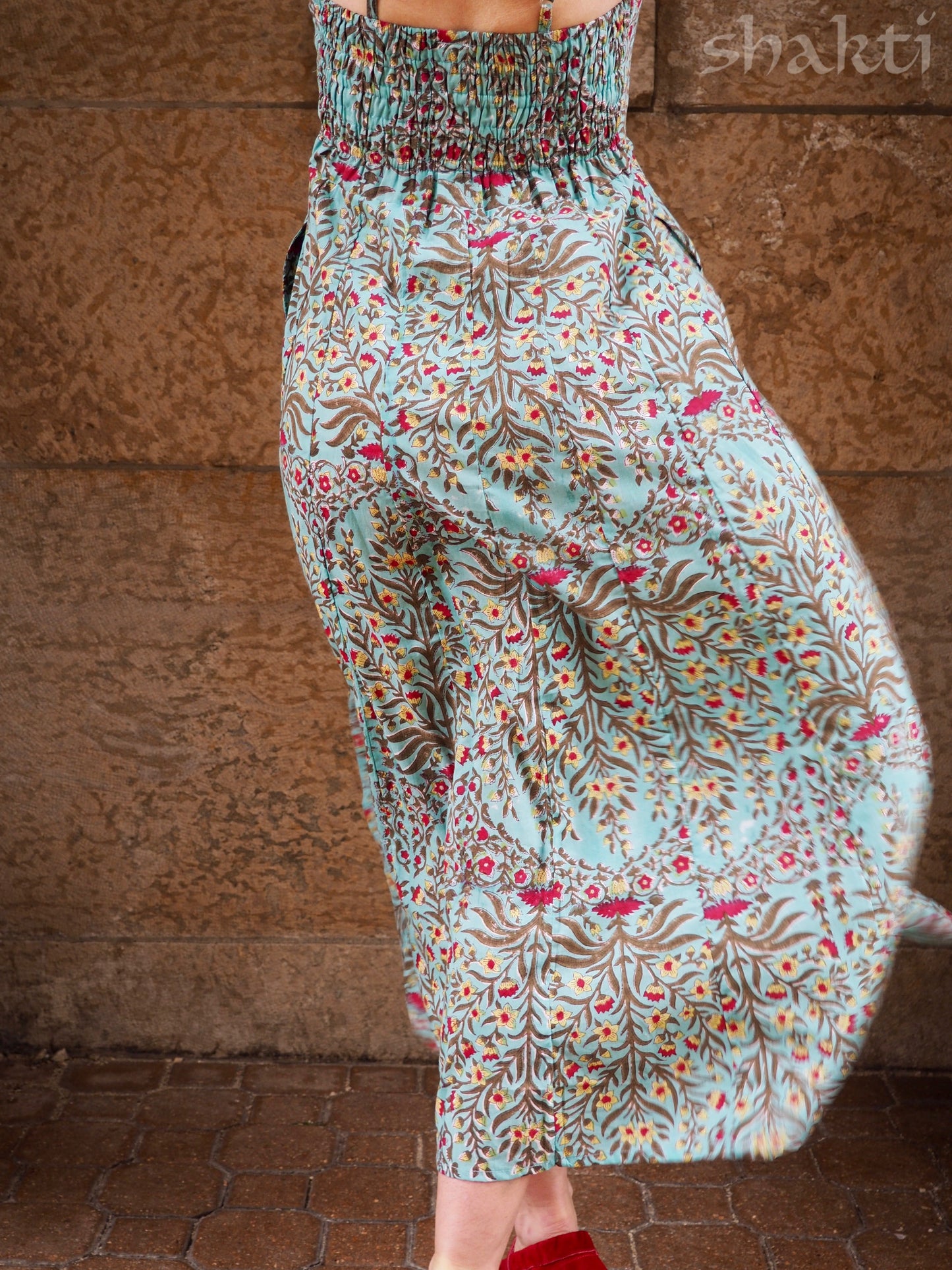 Block Print Spaghetti-Strap Dress Sky - Shakti