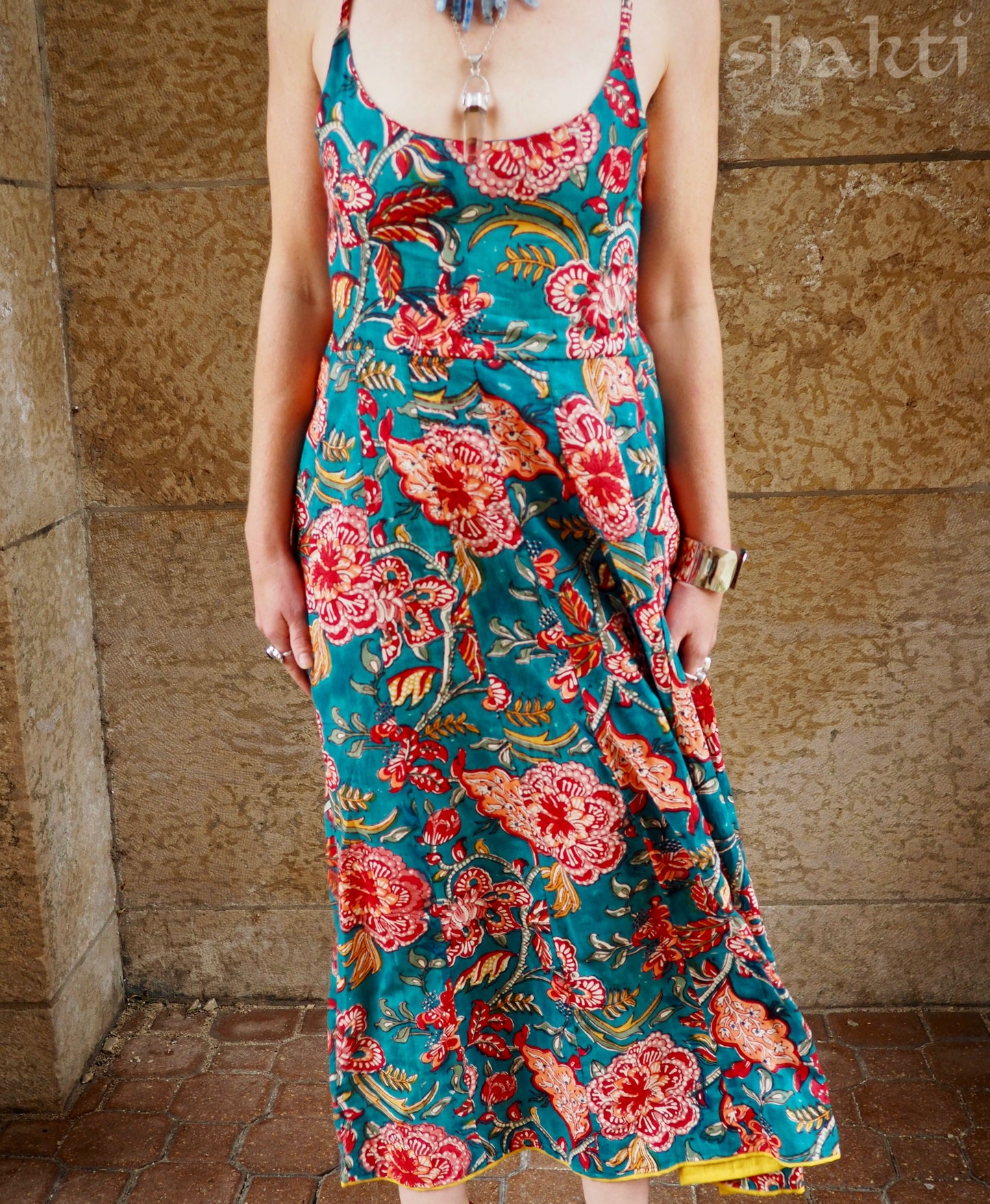 Block Print Spaghetti-Strap Dress Blue - Shakti