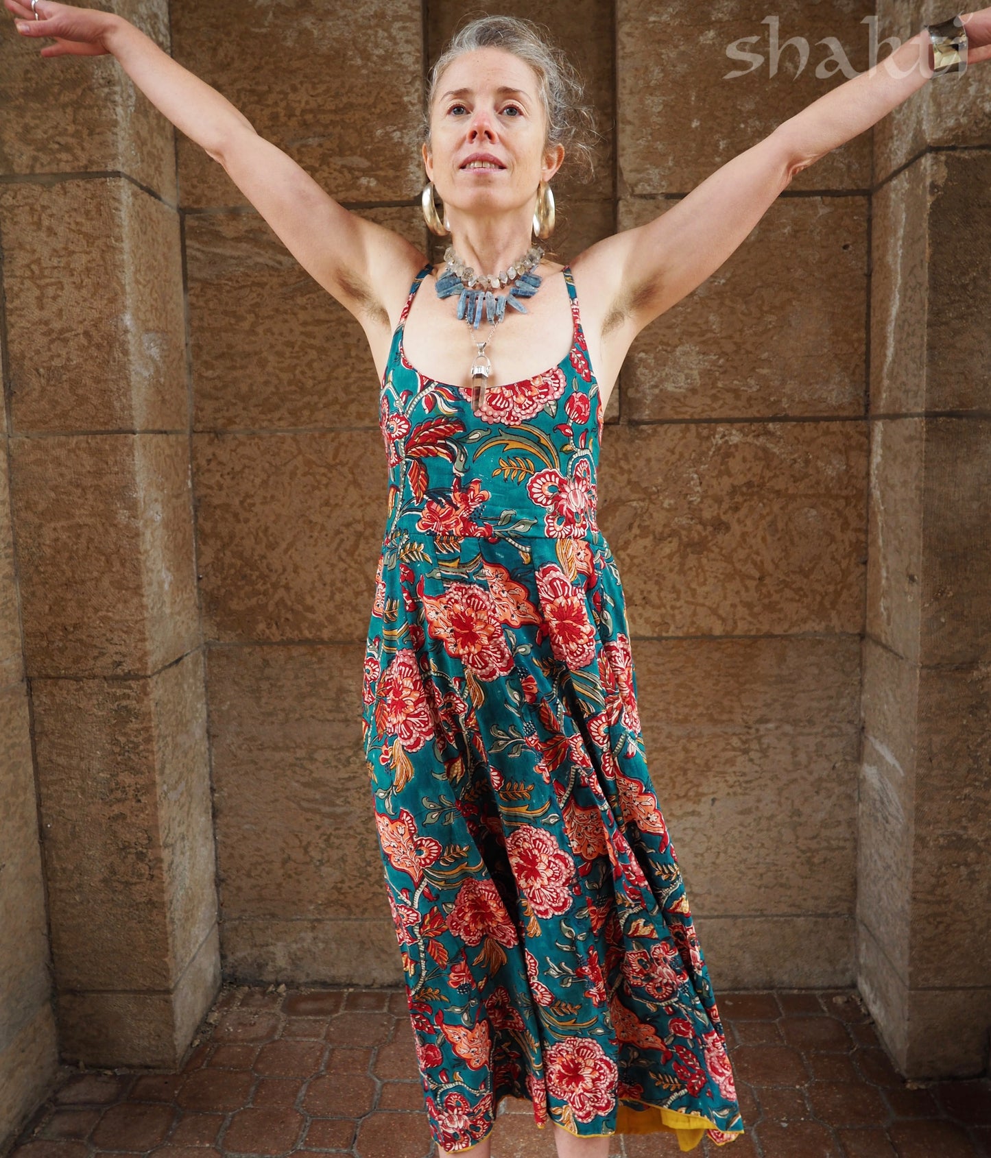 Block Print Spaghetti-Strap Dress Blue - Shakti