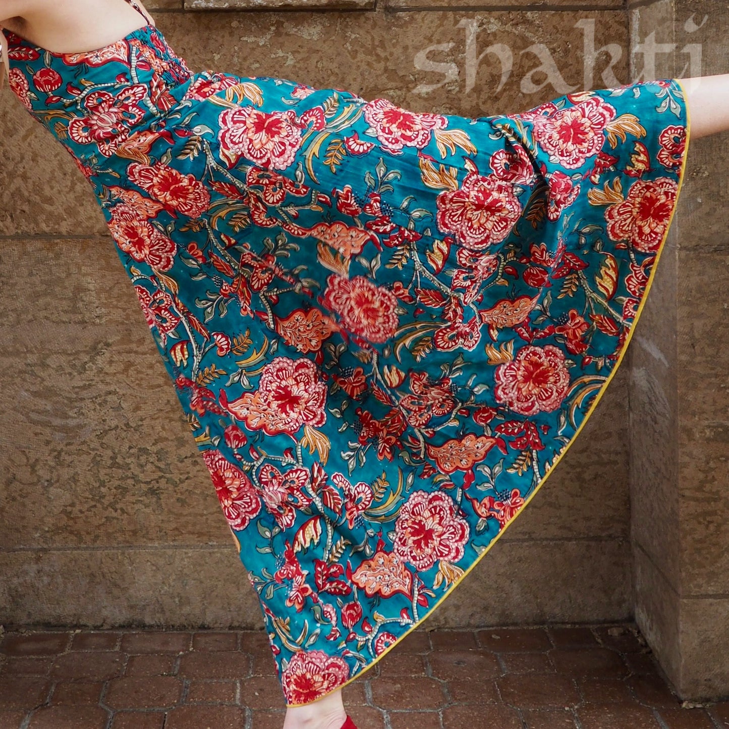 Block Print Spaghetti-Strap Dress Blue - Shakti