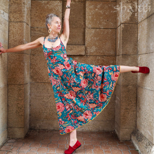 Block Print Spaghetti-Strap Dress Blue - Shakti