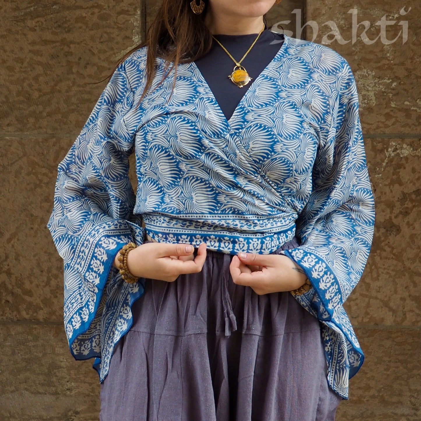Block-Print Cotton Wrap-Top - Shakti