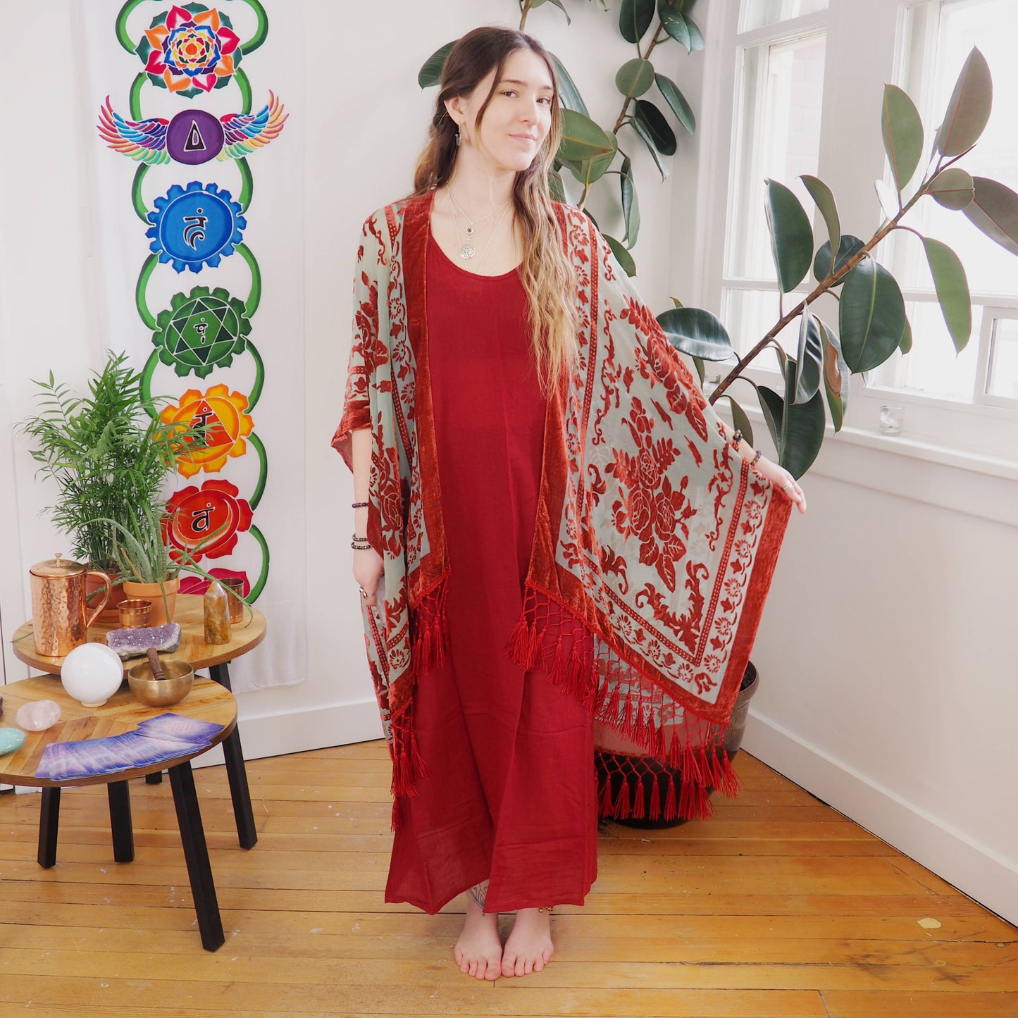 Burnout Velvet Kimono - Burgundy/Green - Shakti