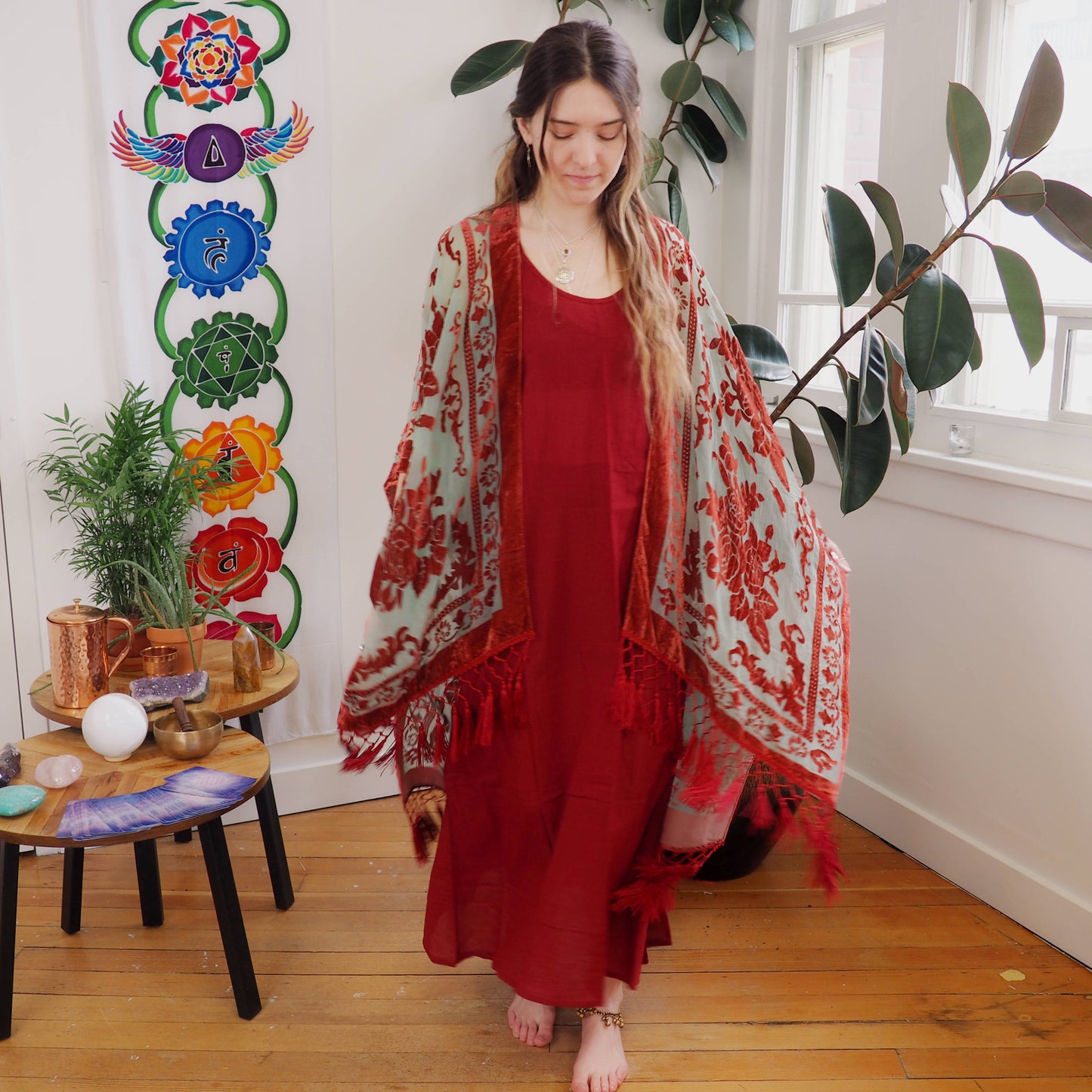 Burnout Velvet Kimono - Burgundy/Green - Shakti