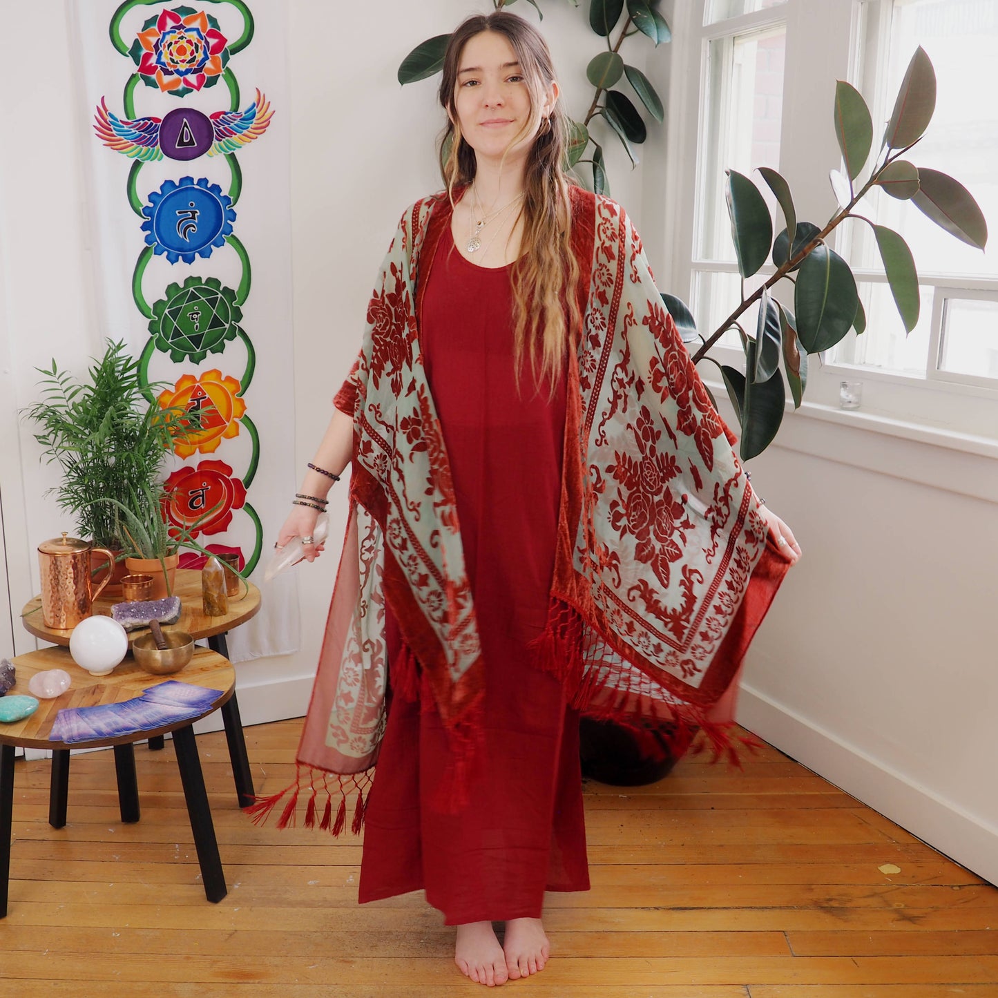 Burnout Velvet Kimono - Burgundy/Green - Shakti