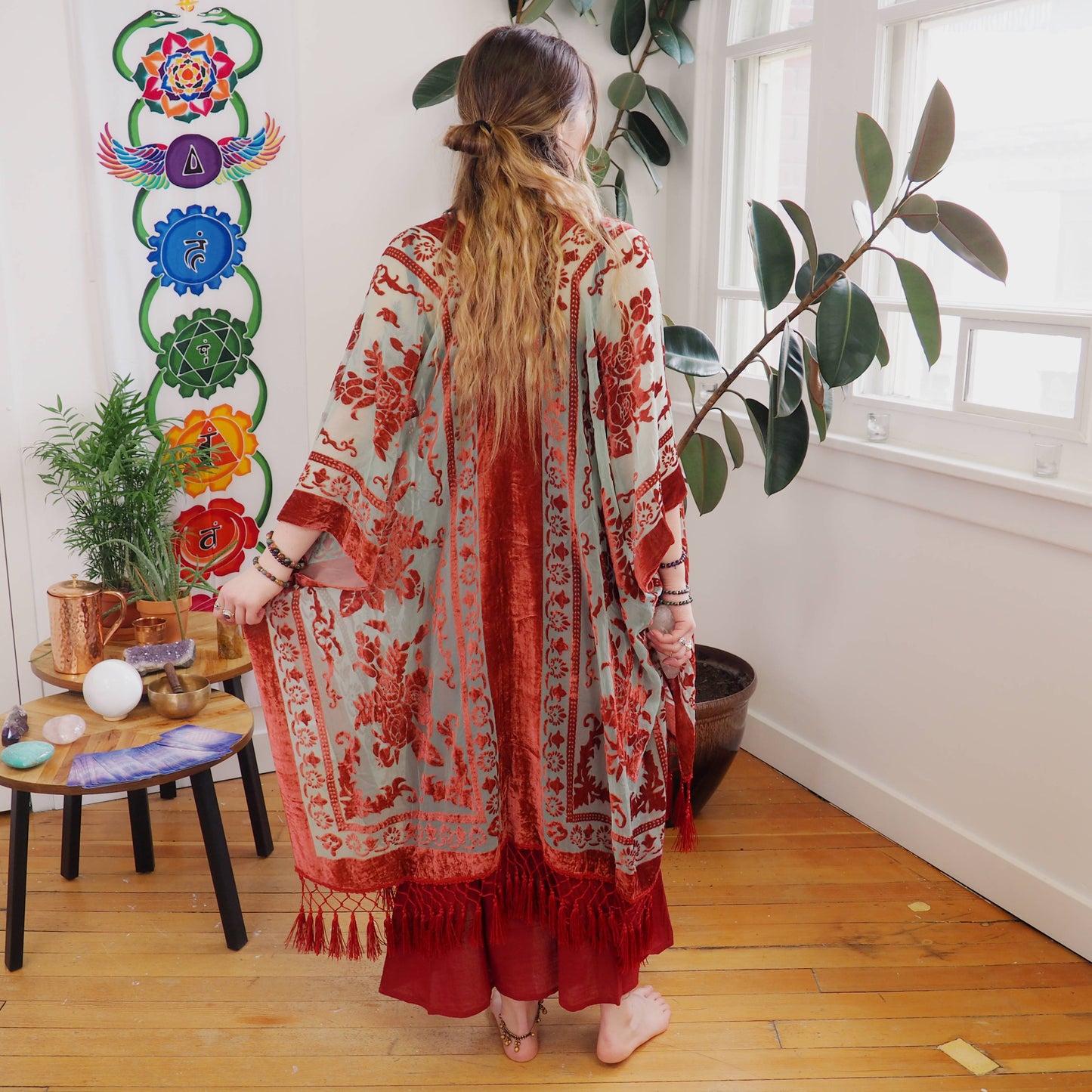 Burnout Velvet Kimono - Burgundy/Green - Shakti