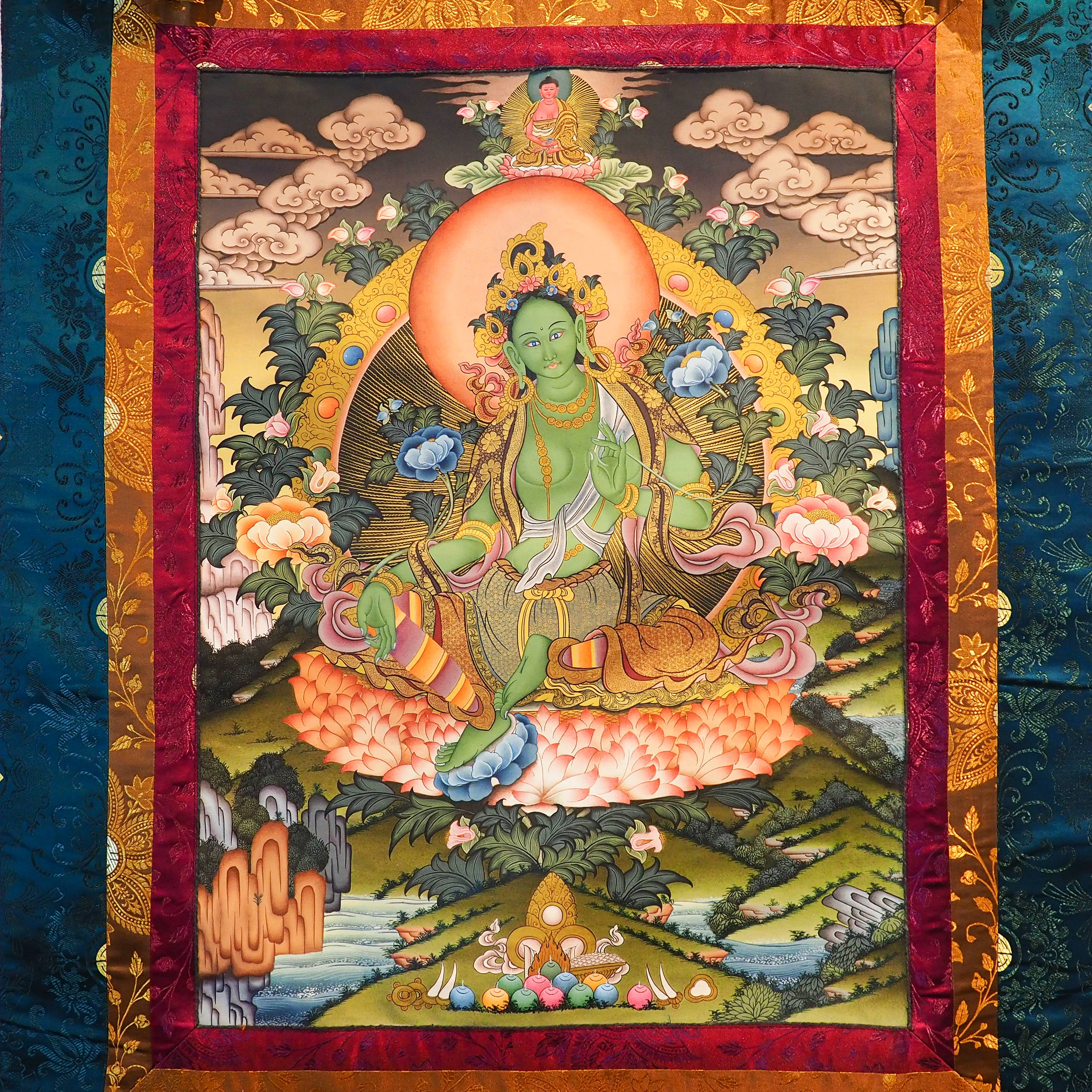 Hand-painted Green Tara, Shyam Tara, Thangka, Thanka Painting 17 good x 22-Inch