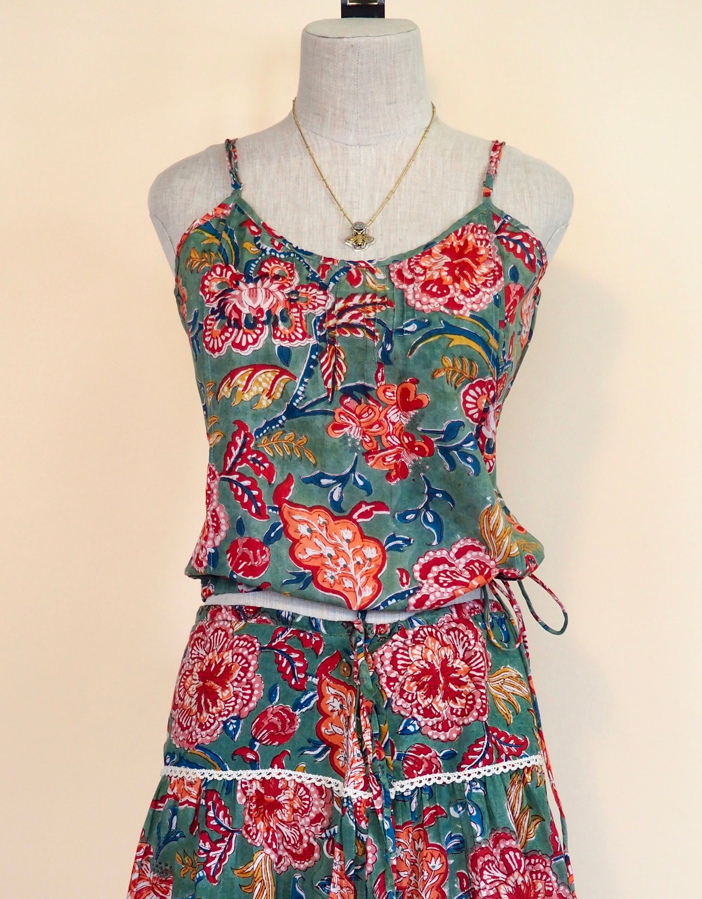 Block Print Cotton Pleated Tank Top